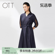 OTT夏季款条纹藏蓝色V领连衣裙收腰优雅女裙亚麻裙子女装