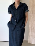 韩国chic夏季法式复古翻领短袖牛仔衬衫+中长款高腰半身裙套装女