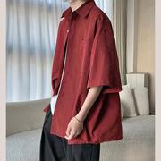 酒红色麂皮绒衬衫男短袖，潮牌美式复古vintage衬衣七分袖外套夏季