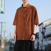 新中式夏季复古堆堆领半高领短袖不规则针织衫纹路中国风T桖上衣