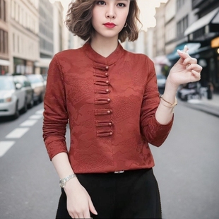 新中式时尚洋气盘扣设计立领长袖衬衫女秋冬复古显瘦修身打底上衣