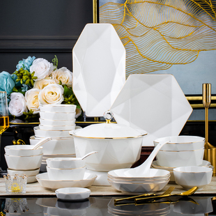 景德镇碗碟套装家用轻奢陶瓷餐具高颜值白色八角，金边陶瓷碗盘组合