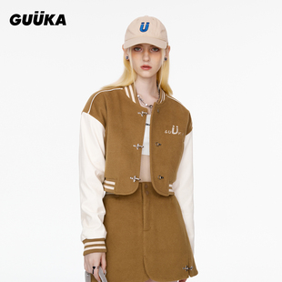 guuka卡其色短款棒球服棉衣女，飞机扣门襟棉服，女pu皮拼接冬季外套