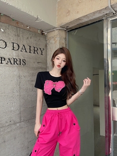 韩版辣妹时尚蝴蝶结时髦t恤上衣，+高腰抽绳玫，红色工装阔腿长裤套装