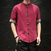 夏季中国风男装棉麻短袖衬衫，中式立领盘扣唐装，男短袖汉服半袖衬衣
