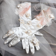 婚纱礼服缎面手套白色小花，羽毛超仙款影楼，写真拍照摄影时尚