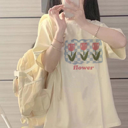 可爱日系大码纯棉，短袖t恤女奶黄色百搭