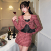guojingyi23秋冬酒红小香假两件蝴蝶结，短外套超短半裙套装