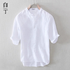 夏季薄款中国风立领短袖亚麻衬衫，男宽松polo半袖，棉麻白色t恤上衣