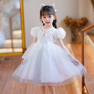 女童艾莎连衣裙夏装洋气灯笼袖，儿童高级感礼服白色公主蓬蓬纱裙子