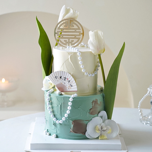 中国风郁金香蛋糕装饰摆件新中式屏风珍珠串古诗文生日烘焙插件
