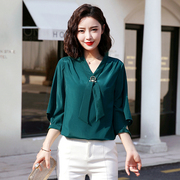 雪纺衫女2019夏女装韩版洋气绿色上衣气质短袖打底衬衣小衫潮