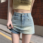 浅蓝色假两件牛仔短裤裙女2024夏装设计感时尚小个子显瘦半身裙裤