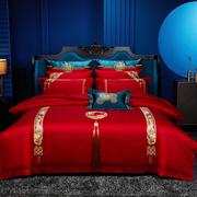 婚庆四件套全纯贡缎提花，婚房床单被套大红色，结婚床上用品棉刺绣