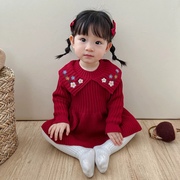 女宝宝毛衣裙(毛衣裙)婴儿，红色连衣裙新年套装女童，绣花针织公主裙周岁礼服