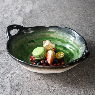 日式冰裂釉双耳盘子高颜值家用菜盘水果沙拉盘创意陶瓷饭盘汤面盘
