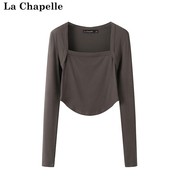 拉夏贝尔/La Chapelle秋季方领长袖T恤女针织假两件修身上衣