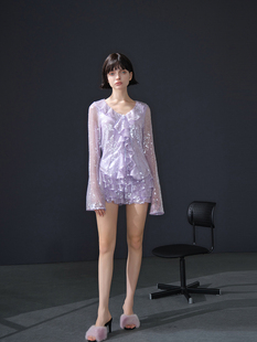 SSAVAGE设计师品牌2023秋季紫色珠片荷叶边上衣系列短裤套装