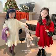 女童长款毛衣裙秋冬装儿童红色新年圣诞裙子女宝宝洋气公主连衣裙