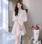韩国感灯笼袖雪纺连衣裙，女夏季2024年小个子短袖收腰气质短裙