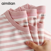 艾米恋条纹短袖t恤女夏季薄宽松纯棉打底衫半袖体恤粉色上衣