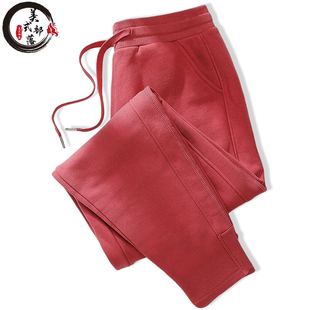 纯棉加绒运动裤女小脚，束口防风大码长，裤子厚款冬季小个子卫裤红色