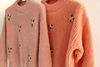 毛衣 粉红/粉橙 银葱丝加厚针织刺绣花花韩版套头长袖短款毛衣