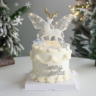 网红圣诞节蛋糕装饰发光蝴蝶，摆件唯美闪粉麋鹿水晶，鹿钻石摆件插件