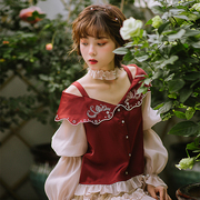 花间裳玫瑰画像，法式缎面绣花衬衣酒，红色礼服古着风修身蕾丝衫春