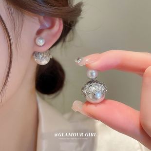 银针镶钻珍珠双面带耳环韩国ins气质冷淡风，耳钉时尚设计感耳饰女