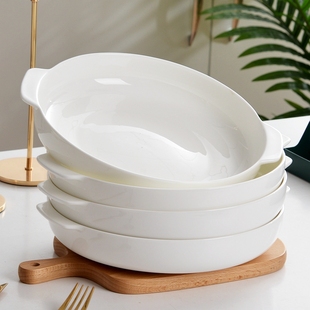 双耳盘子套装纯白骨瓷餐具，家用菜盘陶瓷碟子深盘鱼盘创意沙拉餐盘