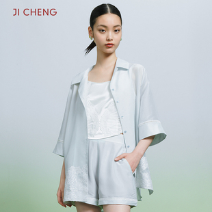 jicheng吉承设计师，春夏男士短袖上衣短裤，欧根纱衬衫大码女士