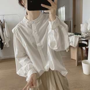 半高领衬衫女春秋季宽松显瘦减龄韩版长袖小众设计感棉质上衣