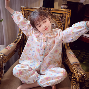 女童纯棉家居服春装，2024洋气儿童韩版长袖，卡通公主睡衣两件套