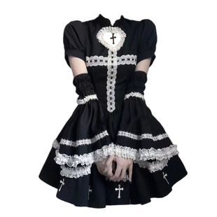 在逃公主暗黑甜辣撞色连衣裙亚文化lolita蓬蓬，小黑裙子万圣节服饰