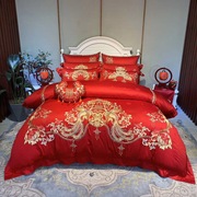 结婚喜被床上用品棉贡缎提花四件套大红色纯全刺绣中式婚庆80支
