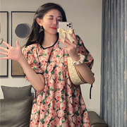 复古花朵泡泡袖连衣裙女夏季2021年裙子气质韩版宽松中长裙潮