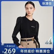雪歌黑色长袖t恤女2023秋设计感泡泡袖上衣XI301015A490