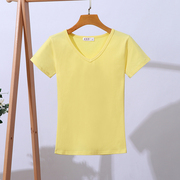 淡黄色t恤女v领短袖纯棉修身短款上衣夏装纯色修身桃心领打底