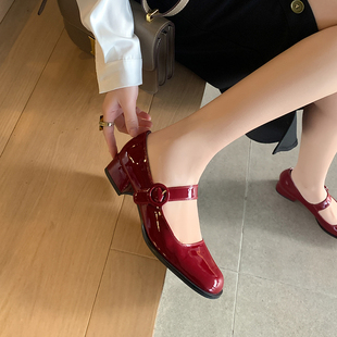 ZMMSTYLE法式复古玛丽珍鞋一字带漆皮红色粗跟方头真皮单鞋女鞋子