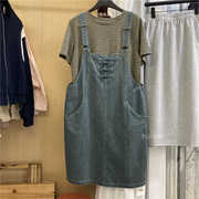 两件套短袖条纹T恤牛仔背带裙女夏季韩版减龄牛仔连衣裙时尚套装