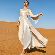 秋季新土耳其中东长款连衣裙米色，双层雪纺马来迪拜服装名族风长裙
