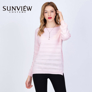 SUNVIEW/尚约长袖圆领针织衫粉色女士上衣镂空纹宽松版型