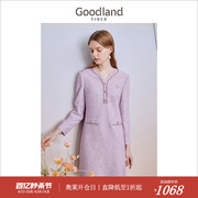 小香风Goodland美地女装2023秋季H型直筒烟灰紫连衣裙