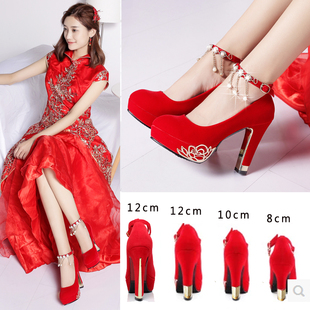 中式婚鞋女2023红色，高跟鞋结婚鞋子新娘，鞋粗跟2020年敬酒红鞋