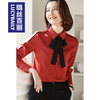 红色蝴蝶结衬衫女长袖时尚，洋气复古雪纺系带衬衣，2023打底职业上衣