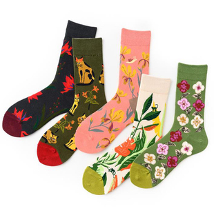 复古文艺长筒袜大花系列创意，图案高筒男女袜，欧美原宿个性潮袜子