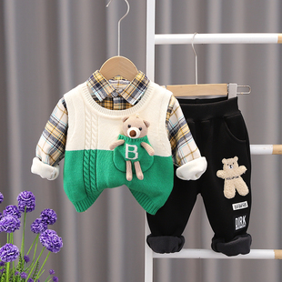 童装男宝宝秋冬三件套装洋气，0-1-2-3岁婴儿加绒男童薄绒冬装卫衣4
