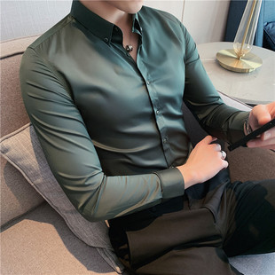 帅气冰丝衬衫男长袖韩版修身商务休闲免烫，潮流正装短袖衬衣墨绿色