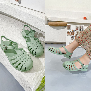 夏季包头罗马女凉鞋复古平跟透明水晶沙滩鞋平底塑料果冻鞋防雨鞋
